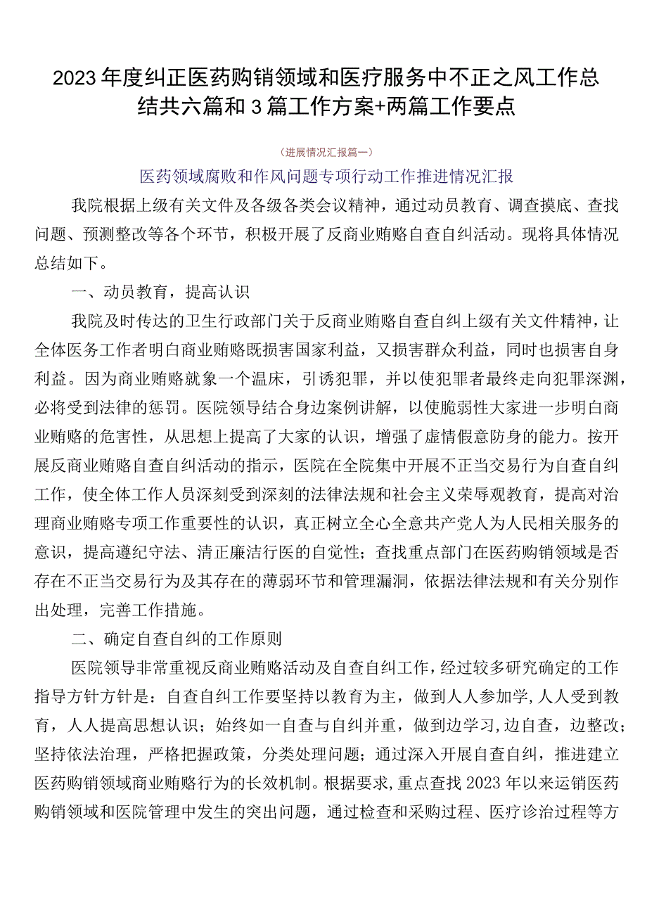 2023年度纠正医药购销领域和医疗服务中不正之风工作总结共六篇和3篇工作方案+两篇工作要点.docx_第1页