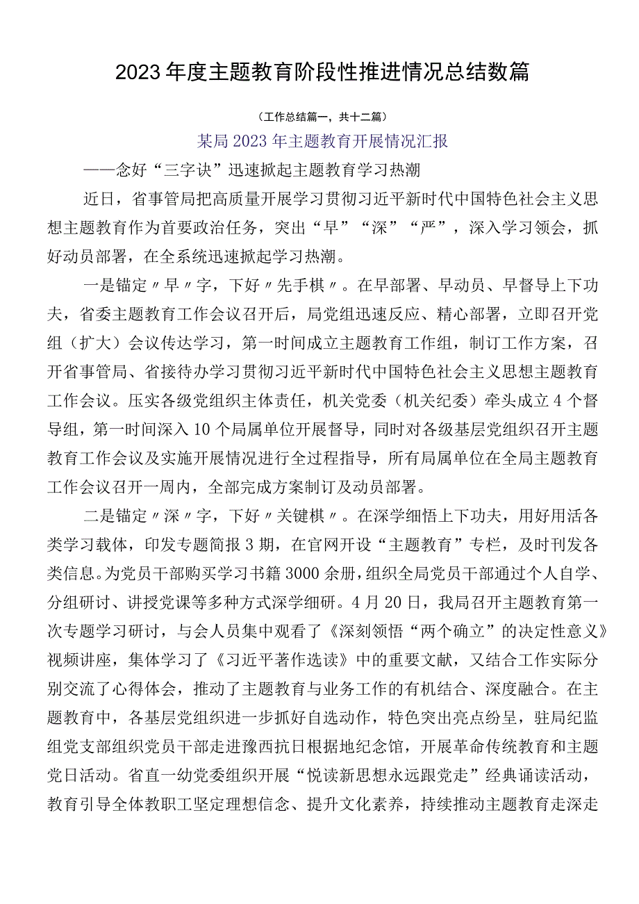 2023年度主题教育阶段性推进情况总结数篇.docx_第1页