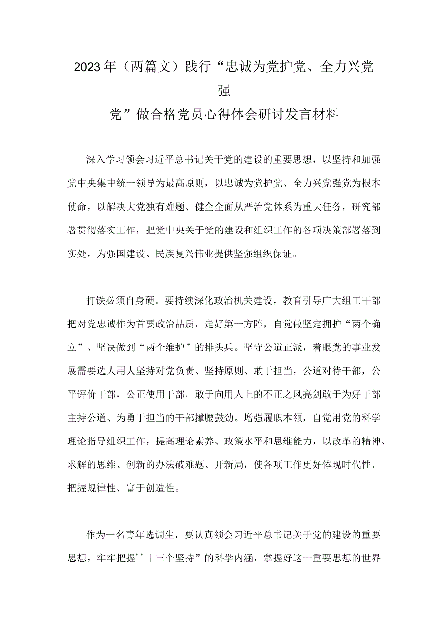 2023年（两篇文）践行“忠诚为党护党、全力兴党强党”做合格党员心得体会研讨发言材料.docx_第1页