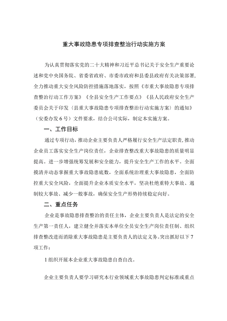 2023重大事故隐患专项排查整治行动实施方案最新精选版【15篇】.docx_第1页