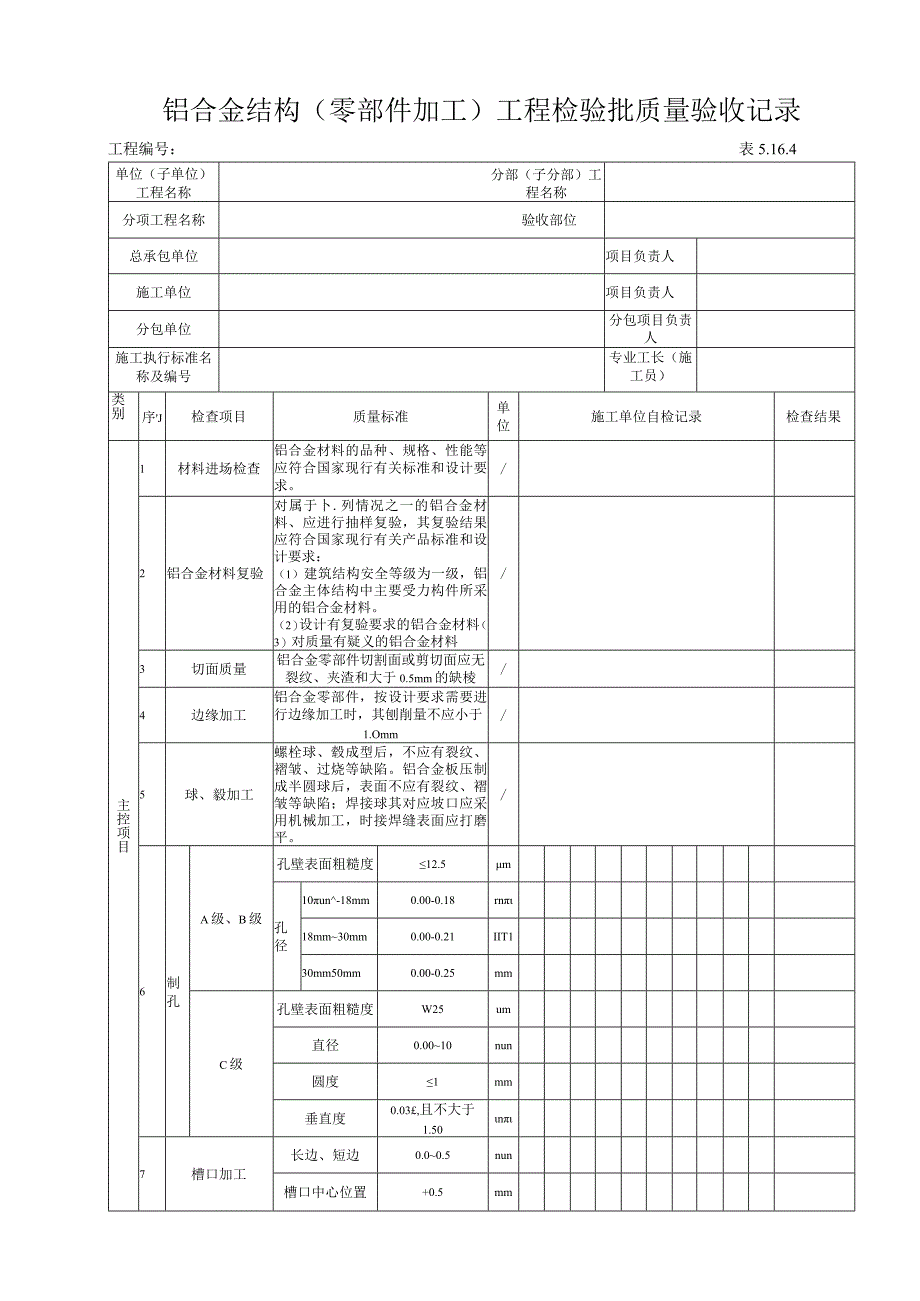 5.16.4铝合金结构零部件加工工程检验批质量验收记录.docx_第1页