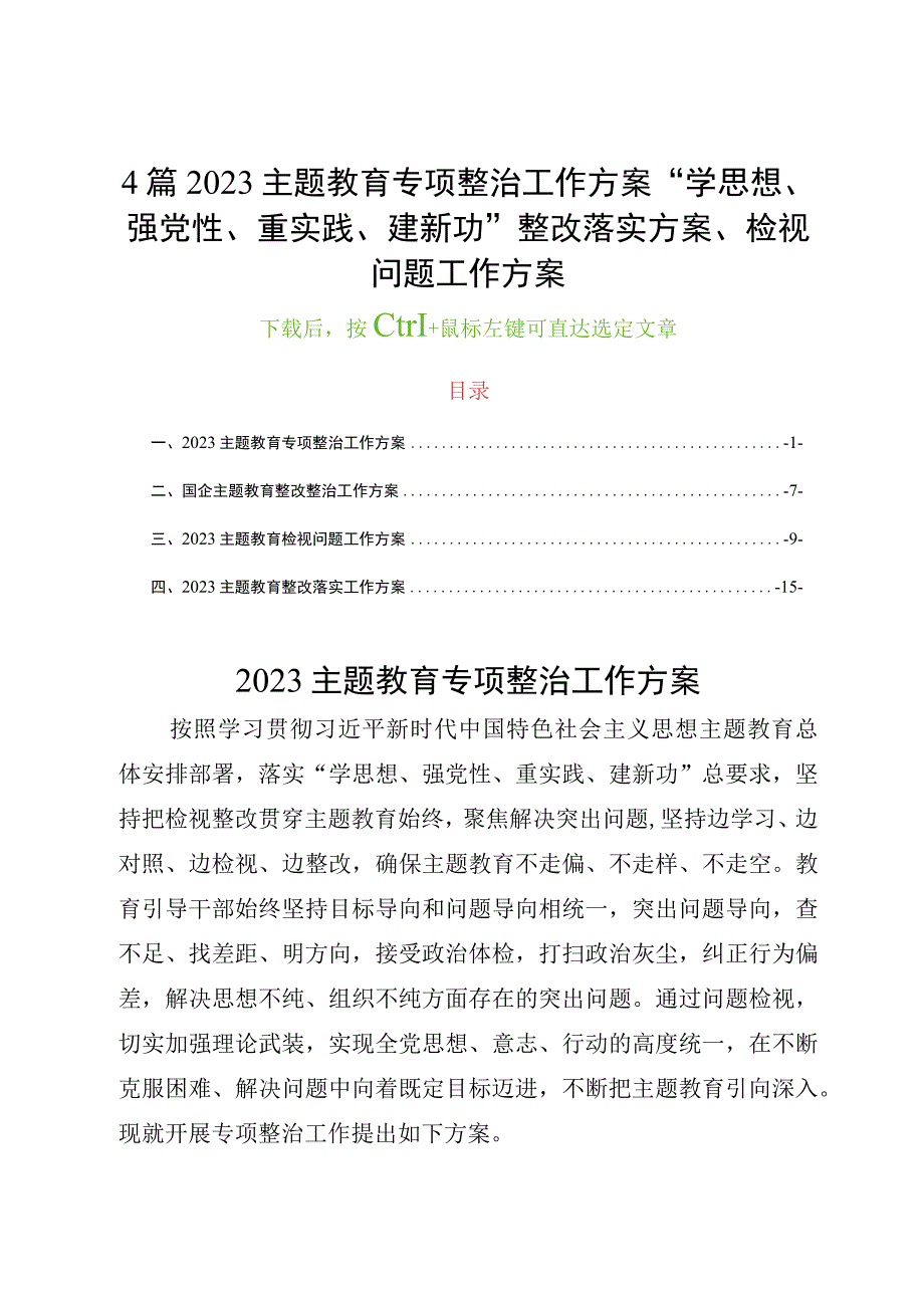 4篇2023主题教育专项整治工作方案“学思想、强党性、重实践、建新功”整改落实方案、检视问题工作方案.docx_第1页