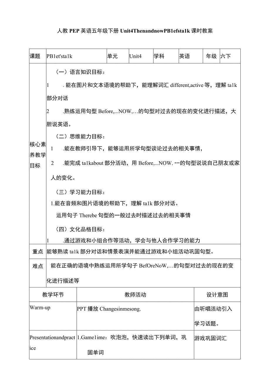 人教PEP六下核心素养目标Unit 4 Then and now PB let's talk 教案.docx_第1页