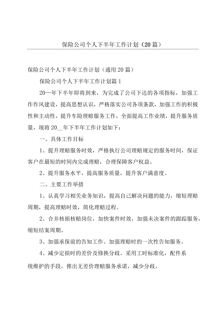 保险公司个人下半年工作计划（20篇）.docx_第1页