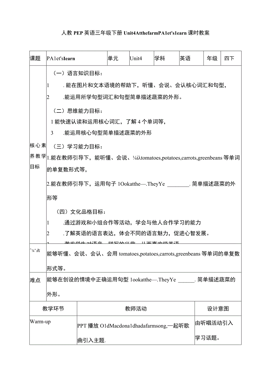 人教PEP四下核心素养目标Unit 4 At the farm PA Let's learn 教案.docx_第1页