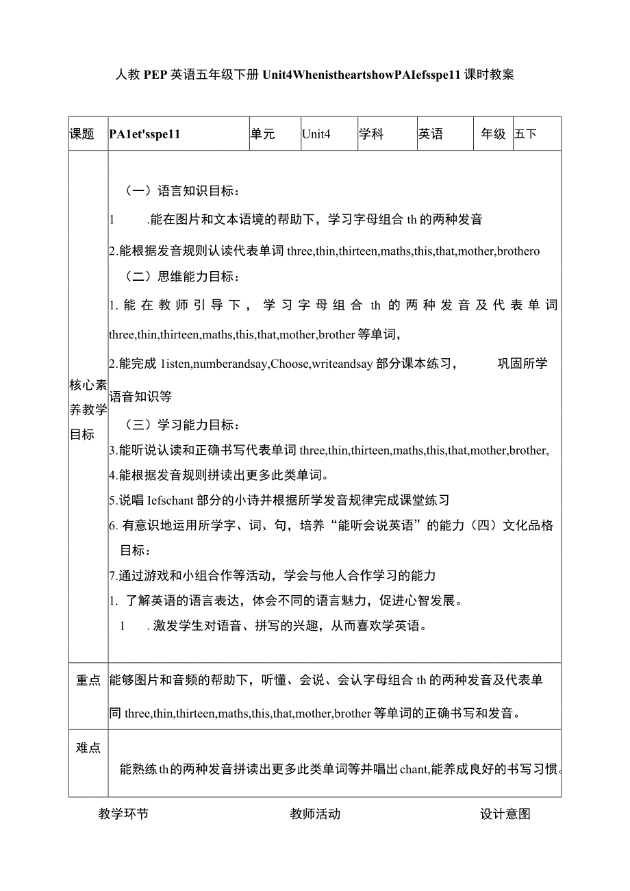 人教PEP五下核心素养目标Unit 4 When is the art show PA let's spell 教案.docx_第1页