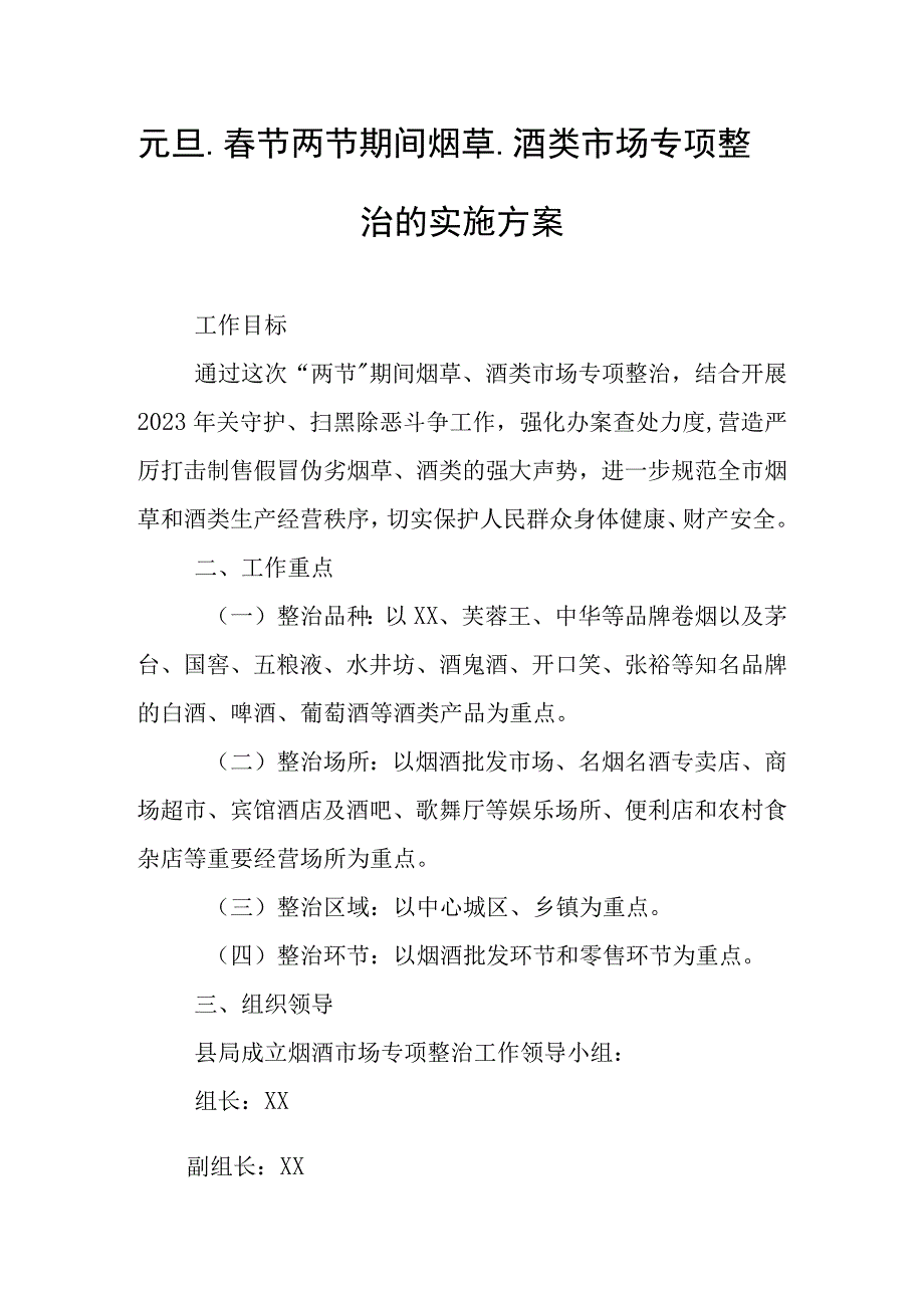 元旦、春节两节期间烟草、酒类市场专项整治的实施方案.docx_第1页