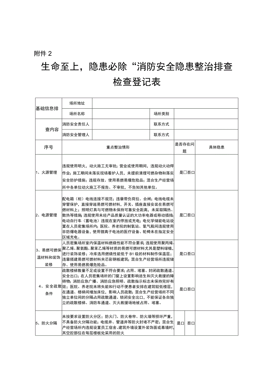 “生命至上隐患必除”消防安全隐患整治排查检查登记表.docx_第1页