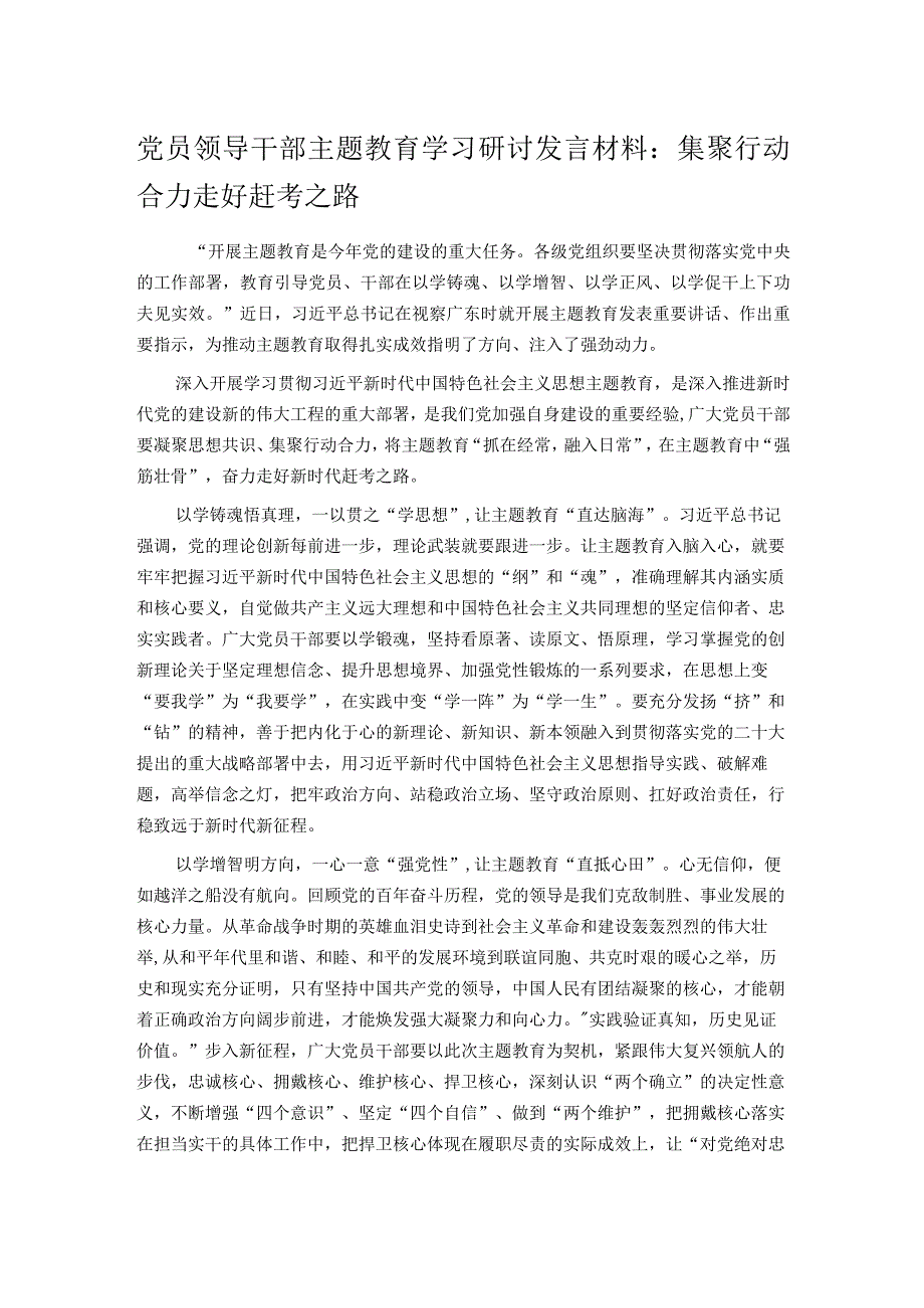 党员领导干部主题教育学习研讨发言材料：集聚行动合力 走好赶考之路.docx_第1页