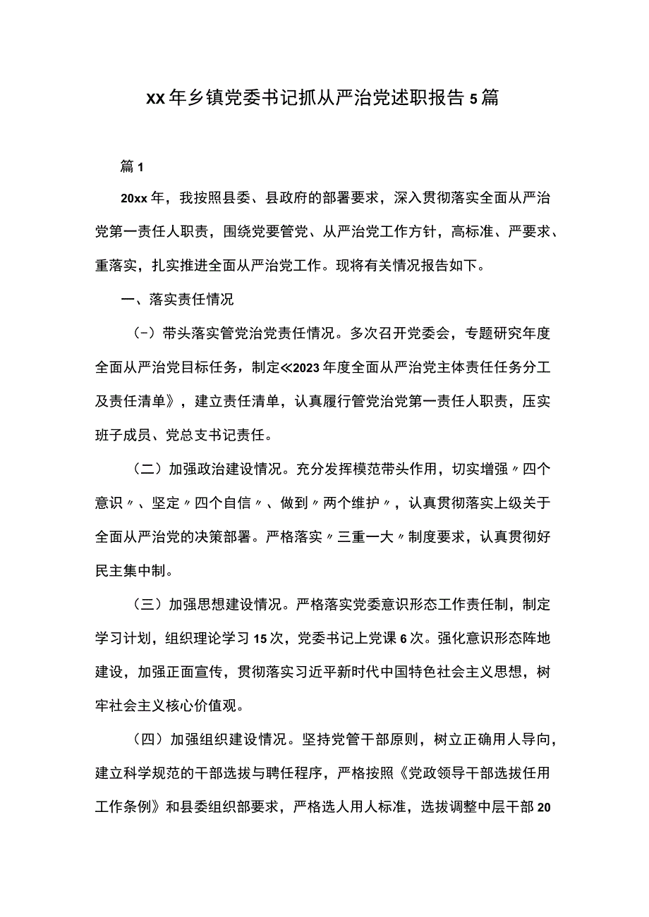 xx年乡镇党委书记抓从严治党述职报告5篇.docx_第1页