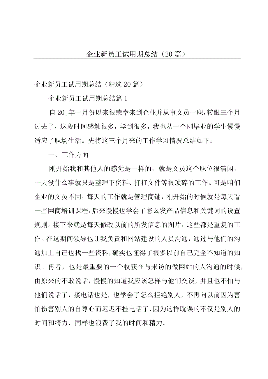 企业新员工试用期总结（20篇）.docx_第1页