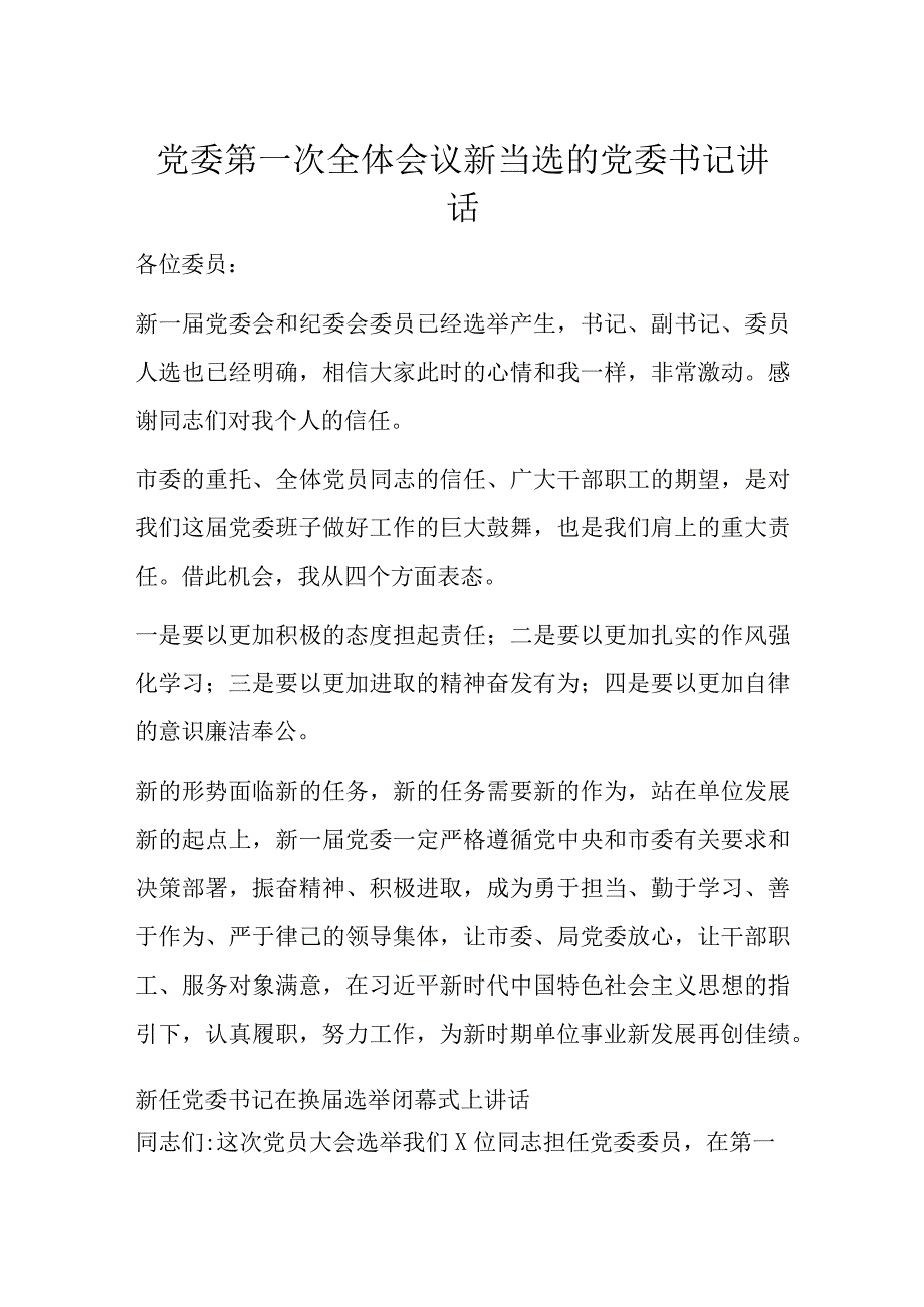 党委第一次全体会议新当选的党委书记讲话.docx_第1页