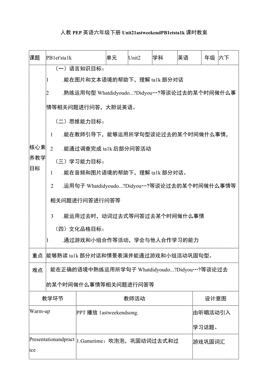 人教PEP六下核心素养目标Unit 2 Last weekend PB let's talk 教案.docx_第1页