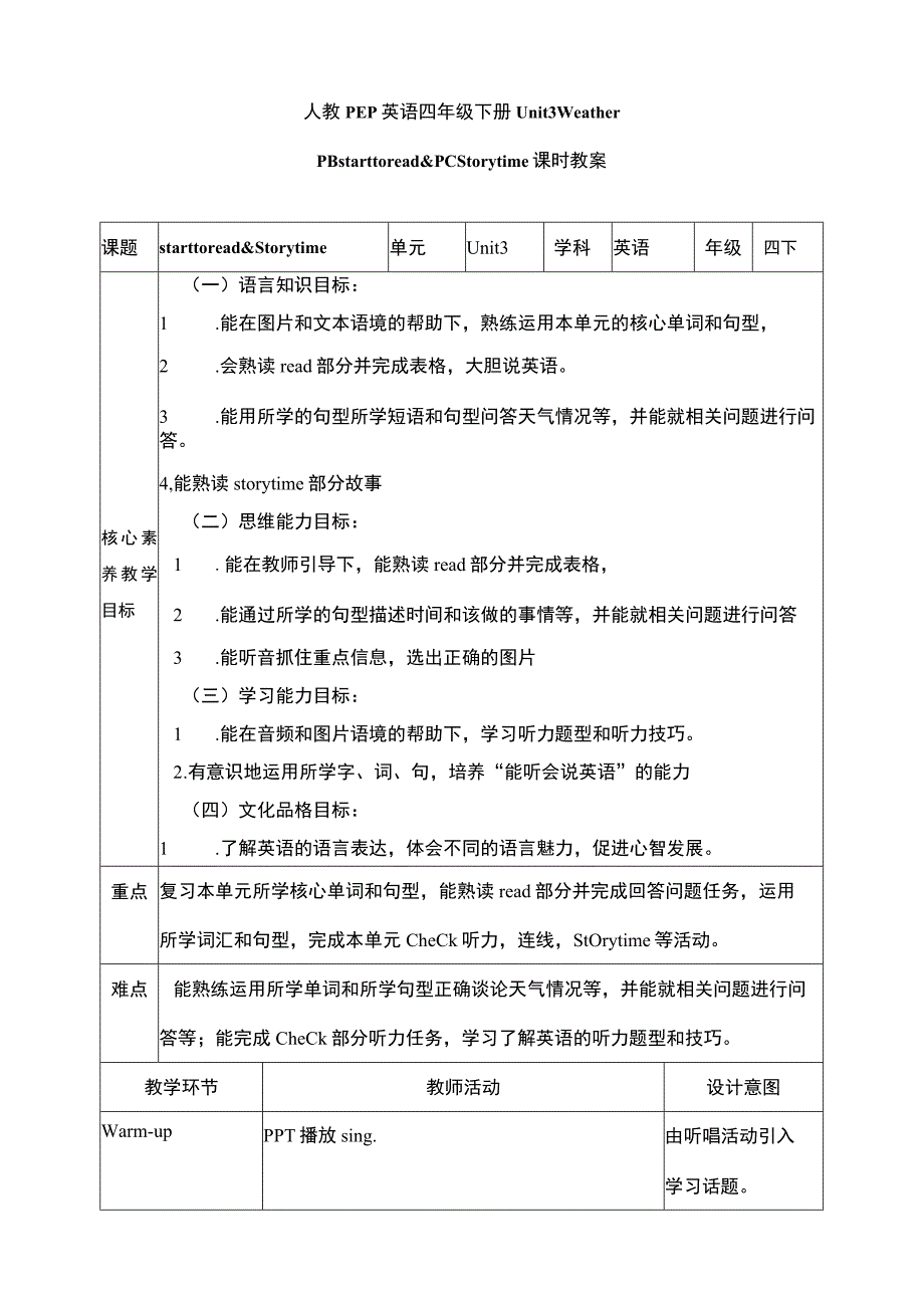 人教PEP四下核心素养目标Unit 3 Weather Read and write & Story time教案.docx_第1页