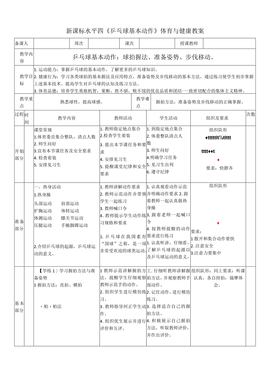 【新课标】水平四（初中）体育《乒乓球基本动作：球拍握法、准备姿势、步伐移动》公开课教案.docx_第1页