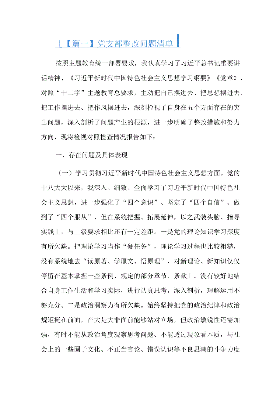 党支部整改问题清单精选十九篇.docx_第1页