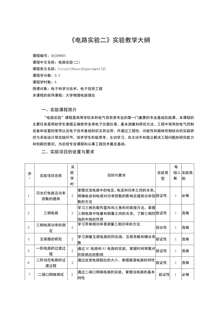 《电路实验二》课程教学大纲.docx_第1页