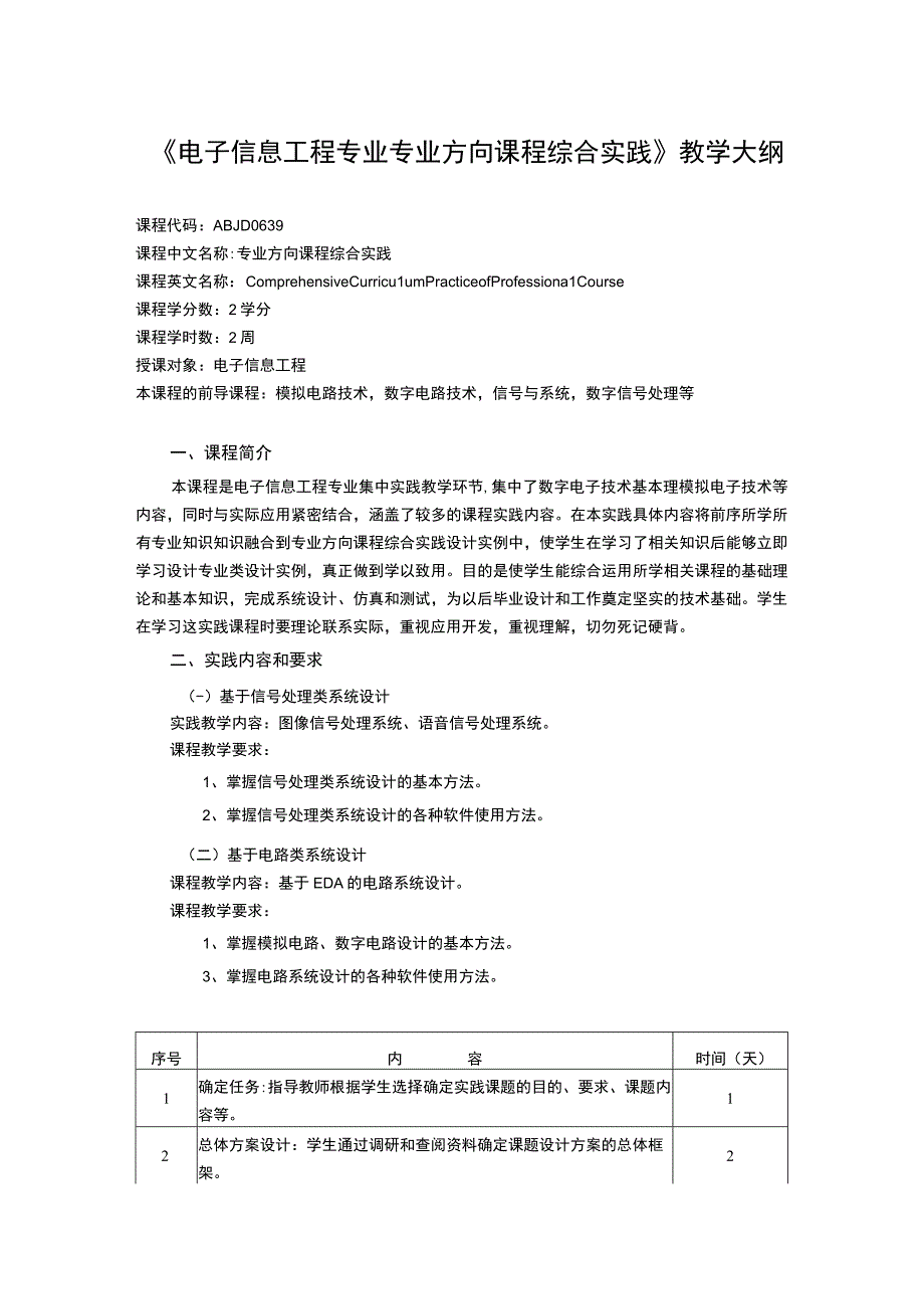 《电子信息工程专业专业方向课程综合实践》课程教学大纲.docx_第1页