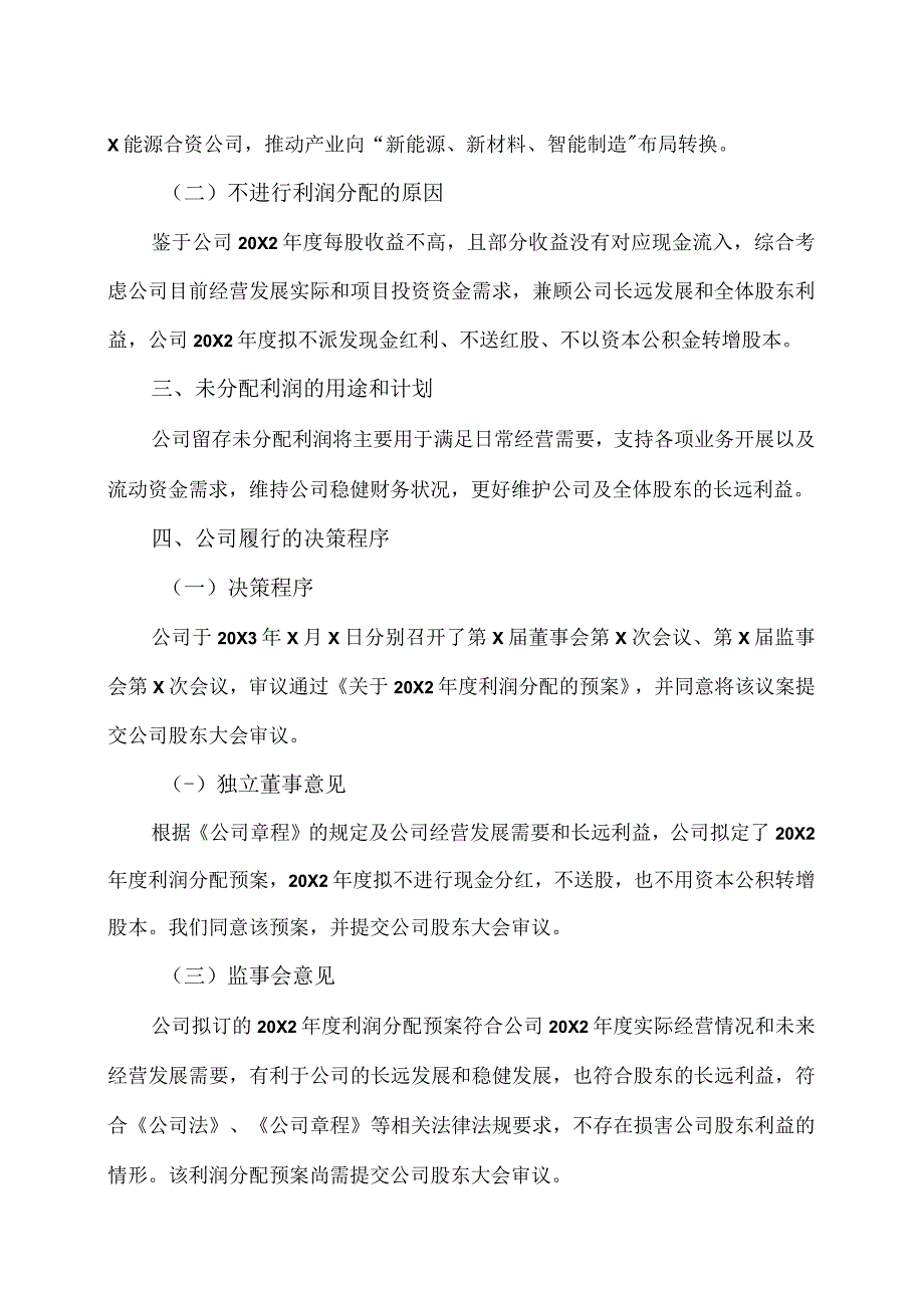 XX投资股份有限公司关于20X2年度拟不进行利润分配的专项说明.docx_第2页