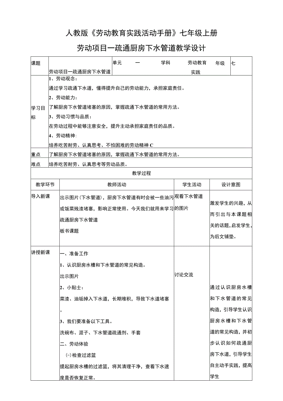 人教版《劳动教育》七上 劳动项目一 疏通厨房下水管道 教学设计.docx_第1页