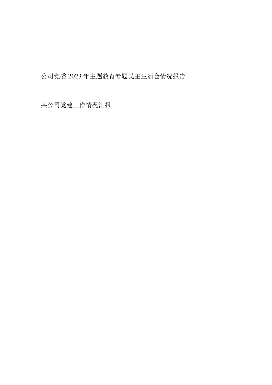 公司党委2023年主题教育专题民主生活会情况报告和公司党建工作情况汇报.docx_第1页