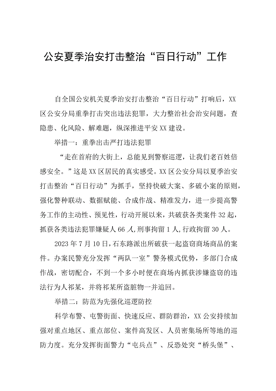 公安夏季治安打击整治“百日行动”工作总结六篇.docx_第1页