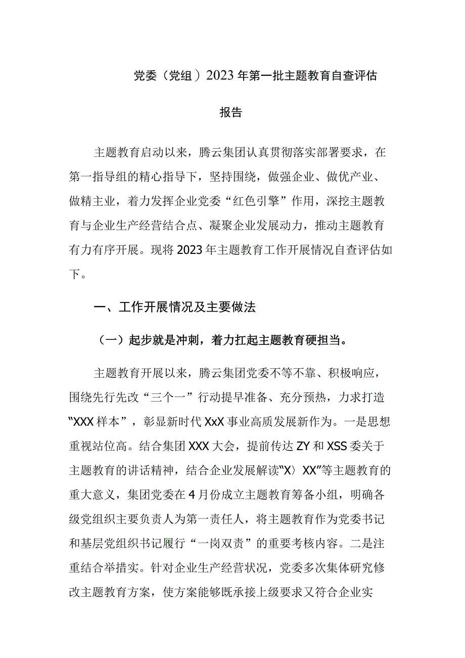 党委(党组)2023年第一批主题教育自查评估报告及阶段总结范文.docx_第1页