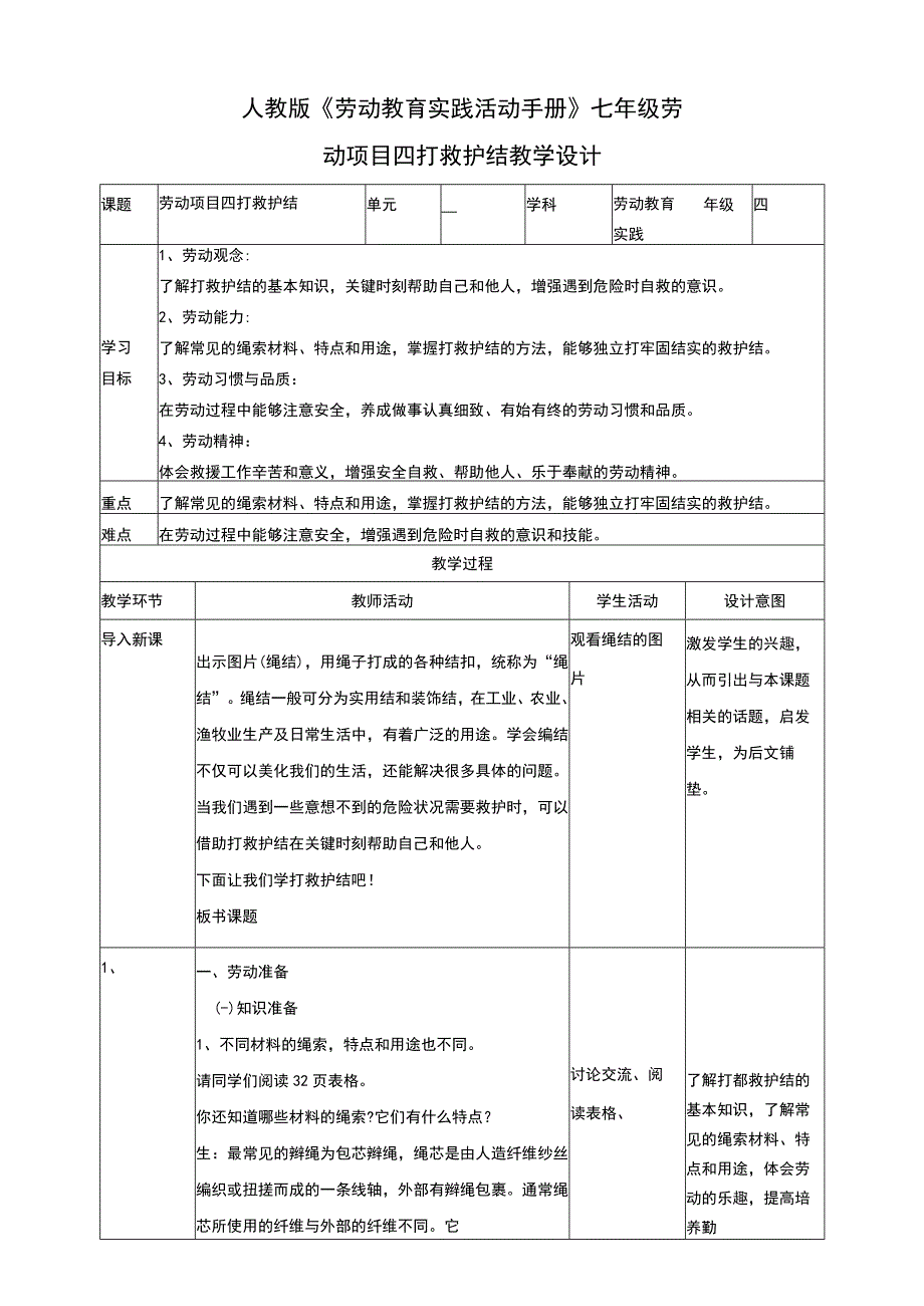 人教版《劳动教育》七上 劳动项目四《打救护结》 教学设计.docx_第1页