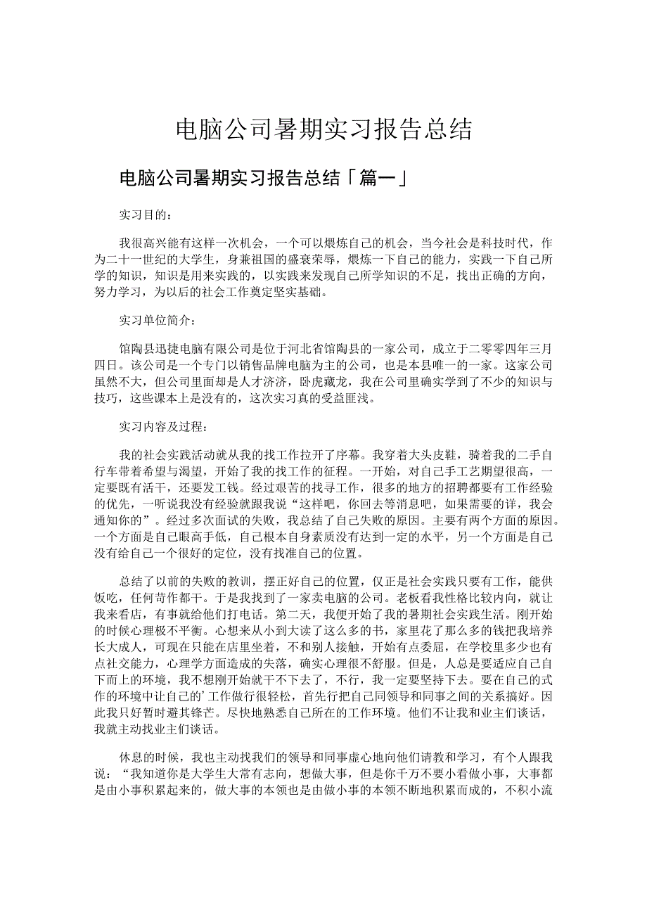 电脑公司暑期实习报告总结.docx_第1页