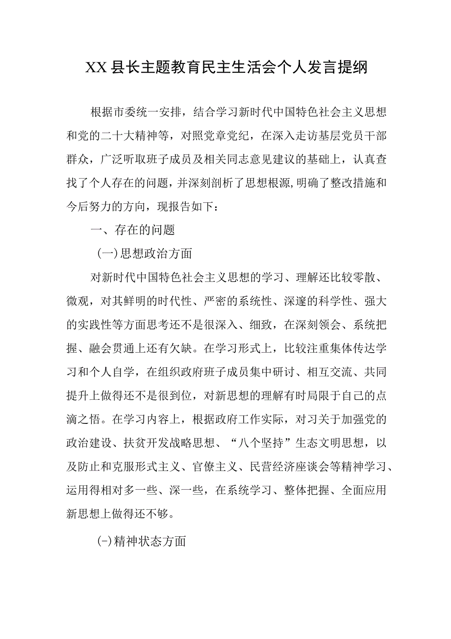 XX县长专题教育民主生活会个人发言提纲.docx_第1页