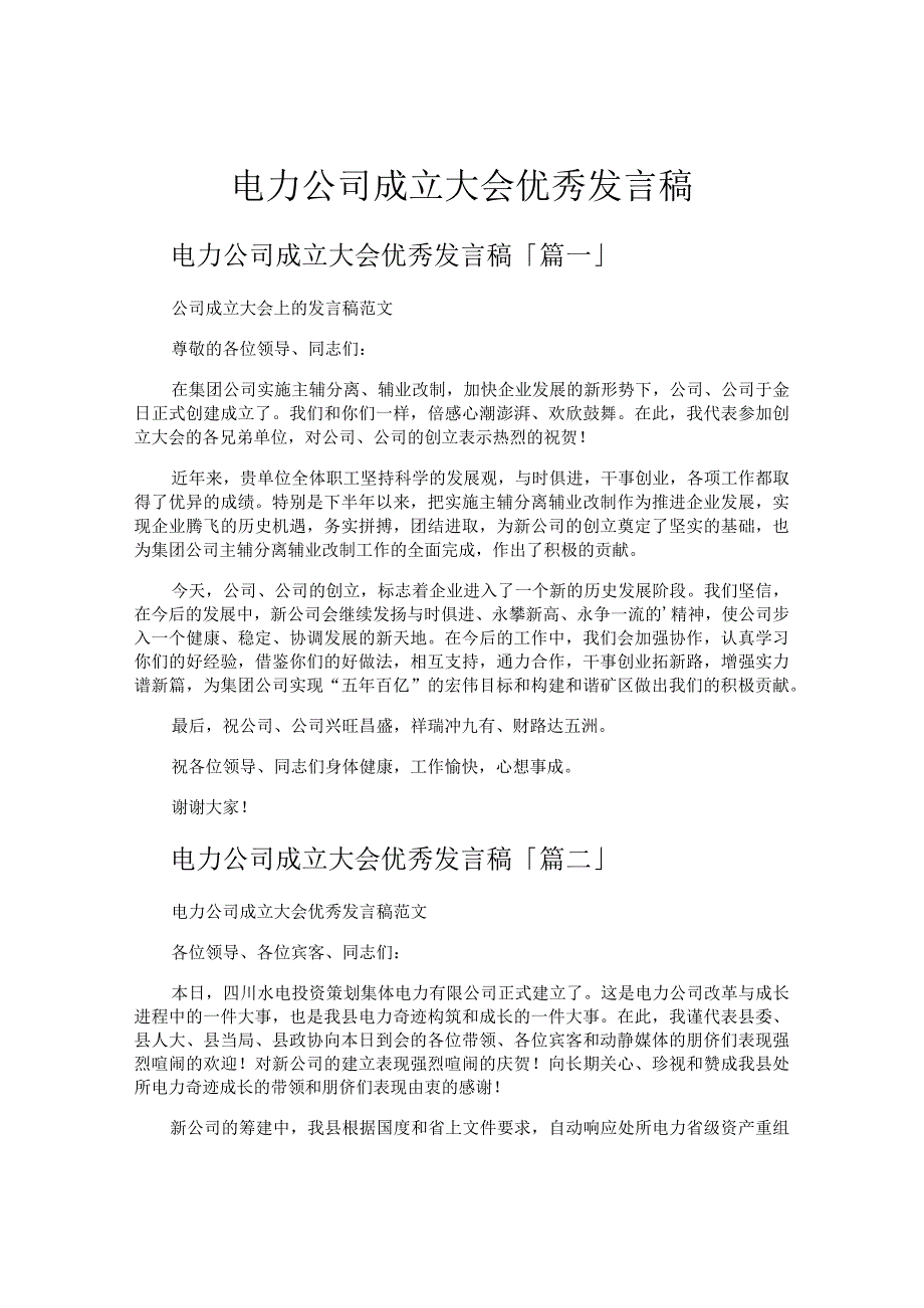 电力公司成立大会优秀发言稿.docx_第1页