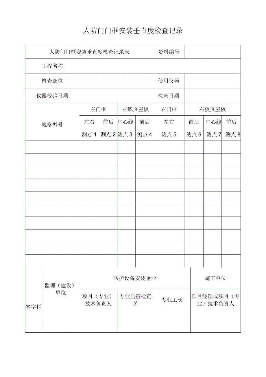 人防门门框安装垂直度检查记录表.docx_第1页