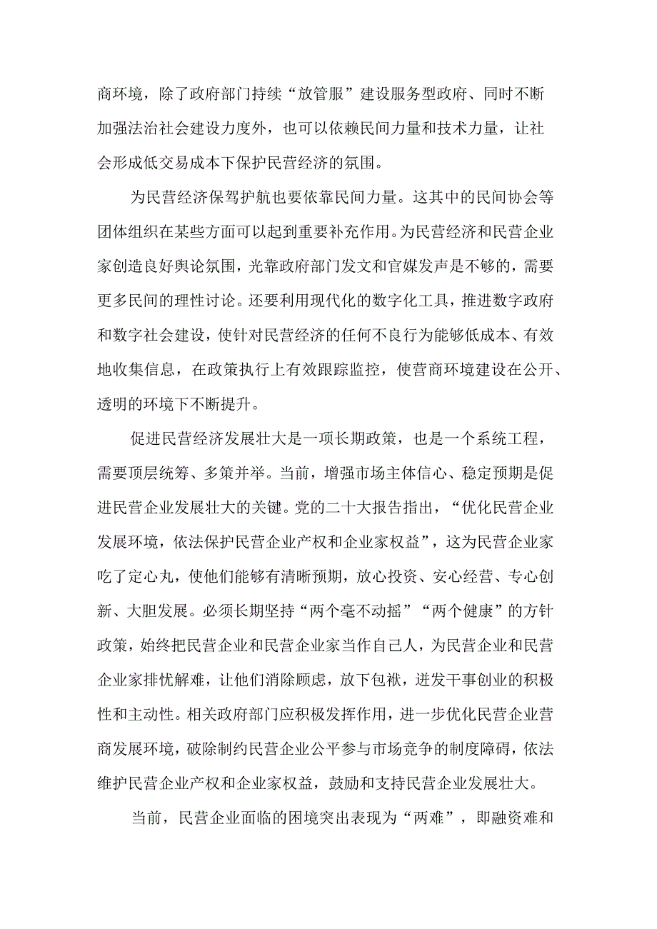 贯彻落实《关于促进民营经济发展壮大的意见》心得体会发言汇篇范文.docx_第2页