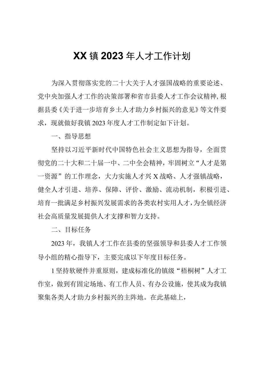 XX镇2023年人才工作计划.docx_第1页