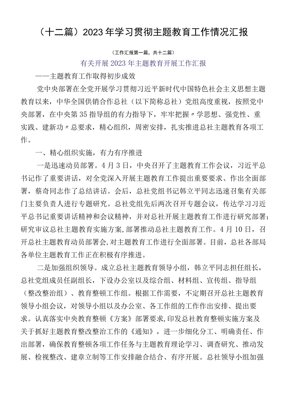 （十二篇）2023年学习贯彻主题教育工作情况汇报.docx_第1页