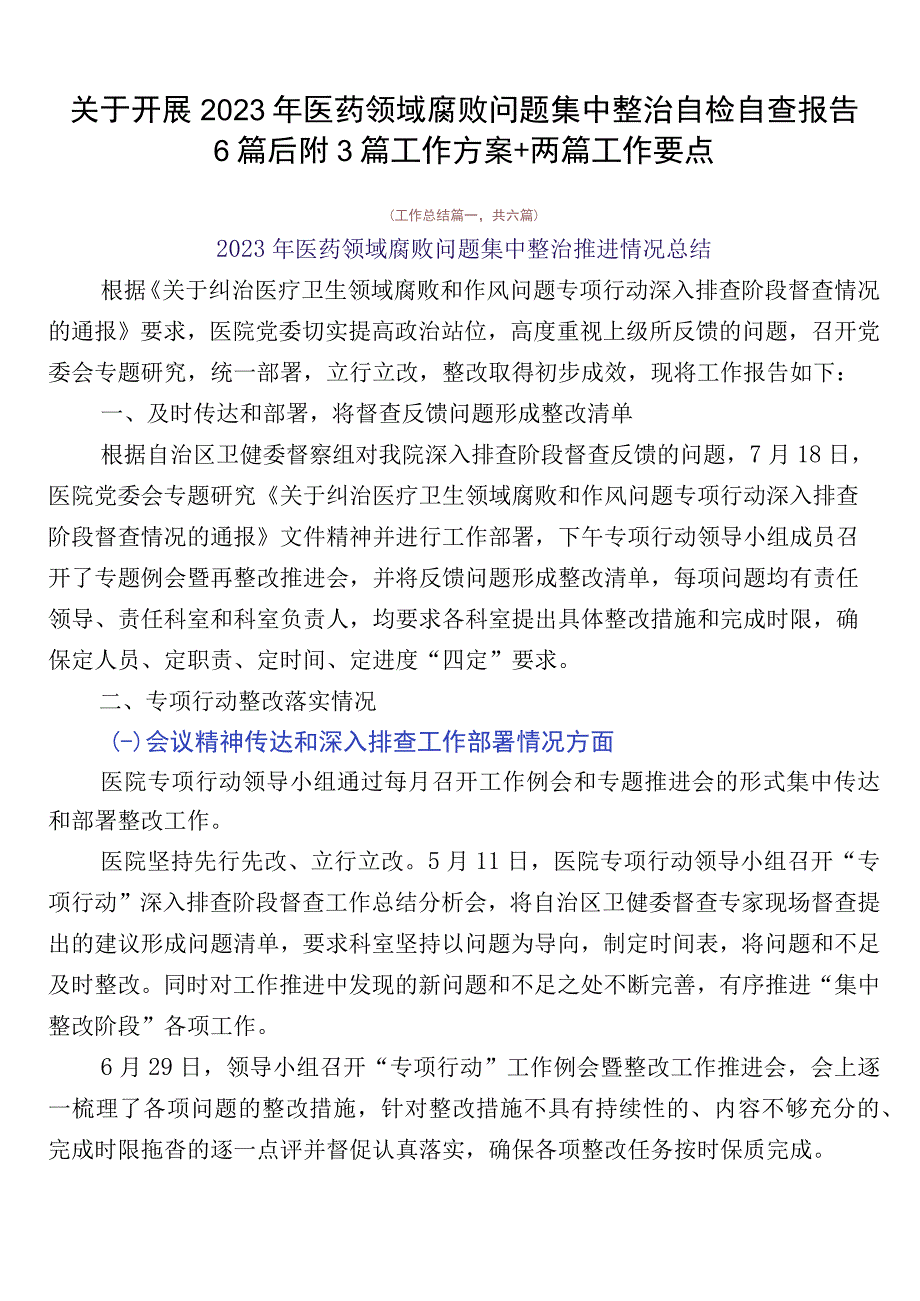 关于开展2023年医药领域腐败问题集中整治自检自查报告6篇后附3篇工作方案+两篇工作要点.docx_第1页