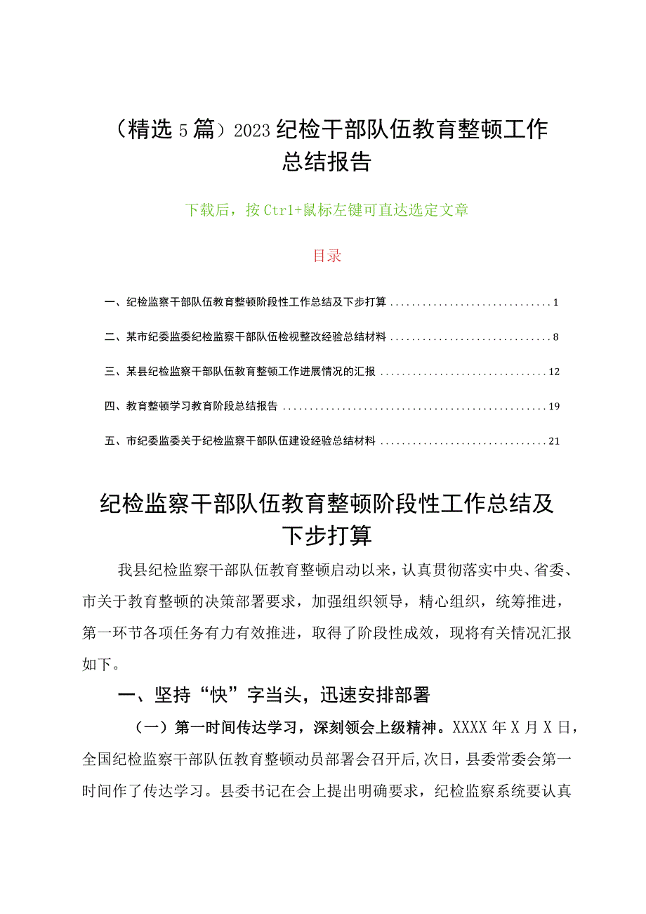 （精选5篇）2023纪检干部队伍教育整顿工作总结报告.docx_第1页