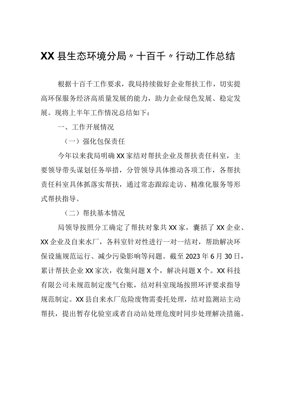 XX县生态环境分局“十百千”行动工作总结.docx_第1页