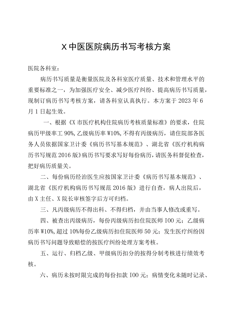 X中医医院病历书写考核方案.docx_第1页