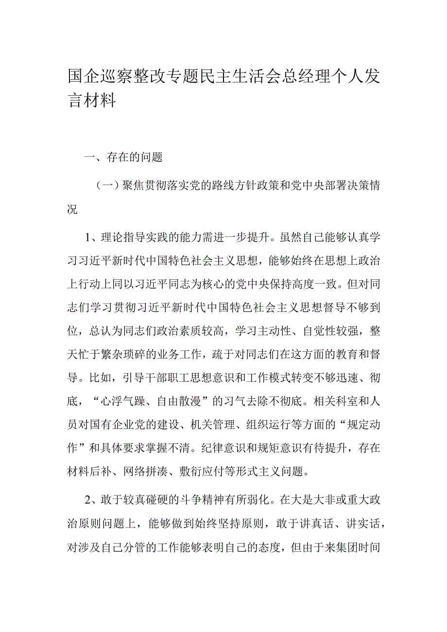 国企巡察整改专题民主生活会总经理个人发言材料.docx_第1页