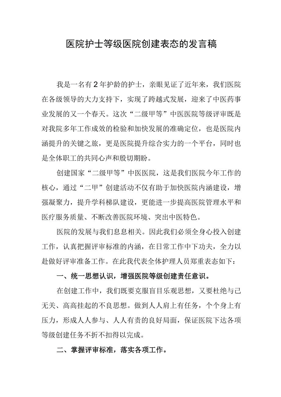 医院护士等级医院创建表态的发言稿.docx_第1页