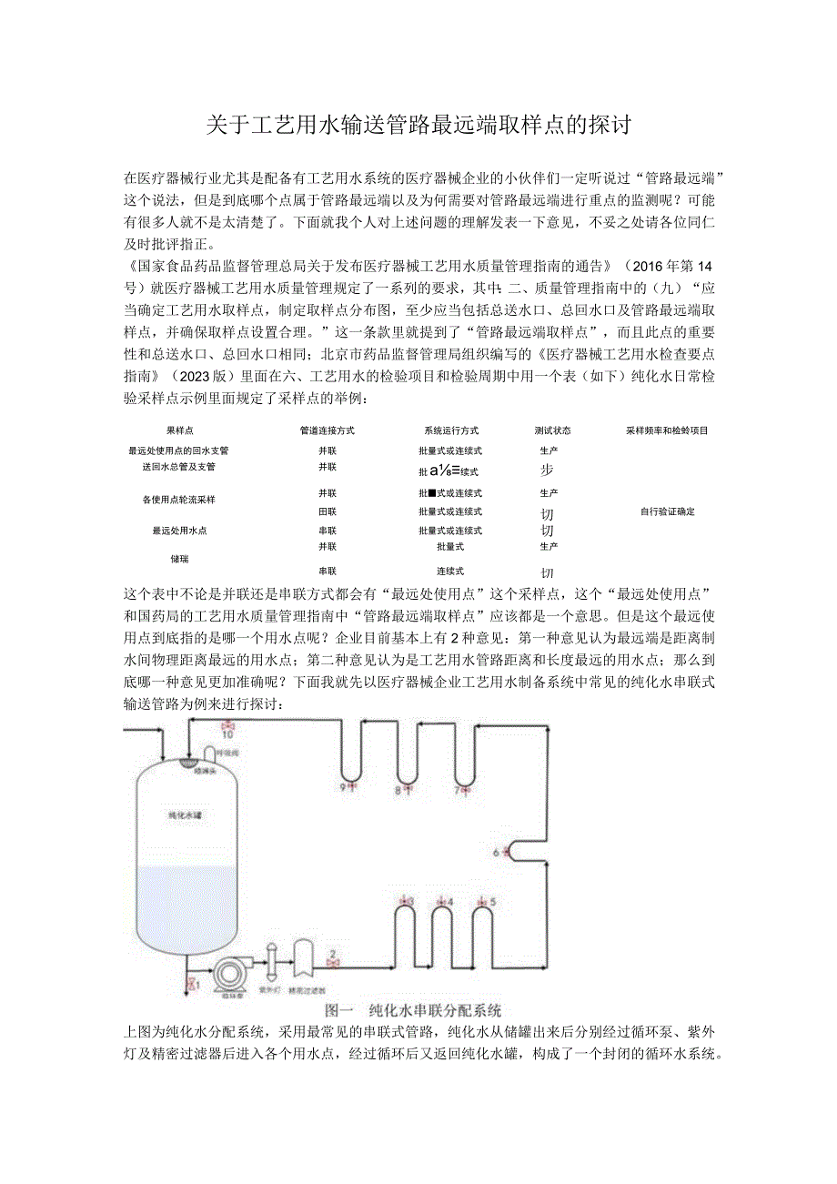 关于工艺用水输送管路最远端取样点的探讨.docx_第1页