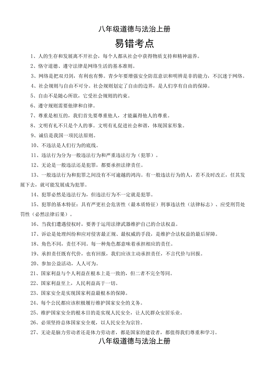 初中道德与法治部编版八年级上册易错考点和重难点整理.docx_第1页