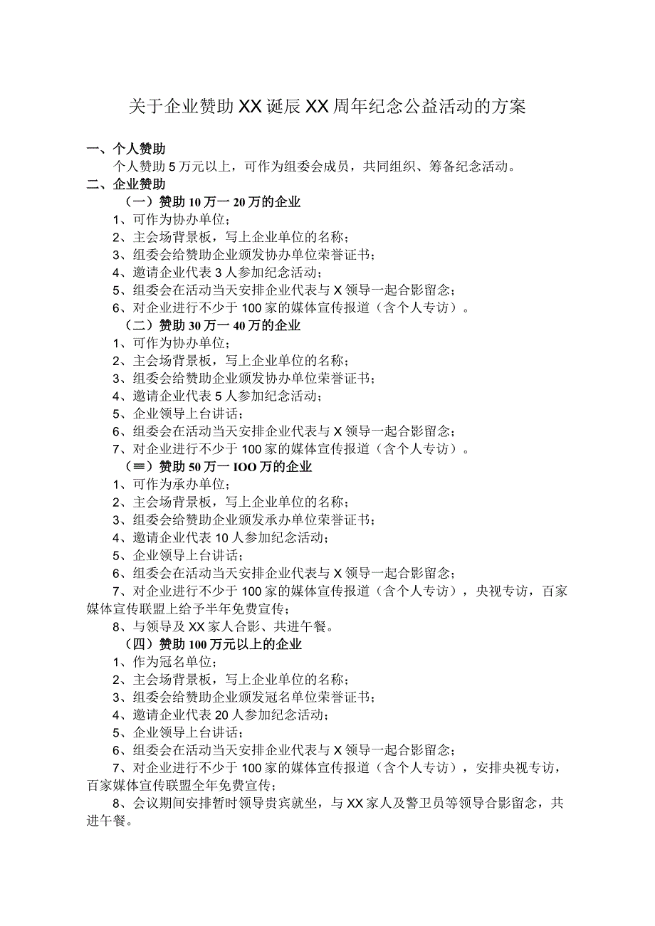 关于企业赞助XX诞辰XX周年纪念公益活动的方案.docx_第1页