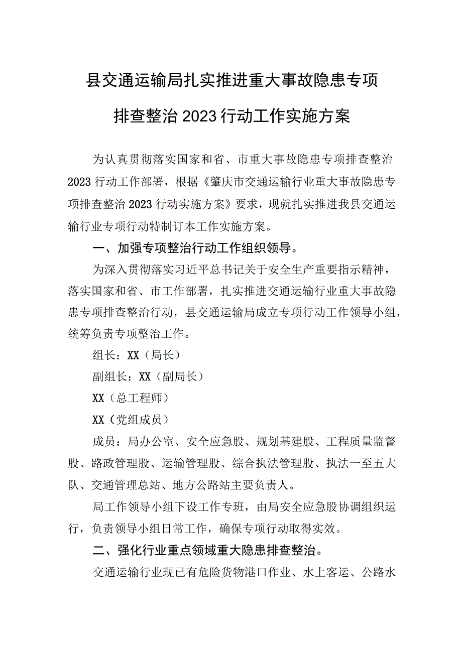 县交通运输局扎实推进重大事故隐患专项排查整治2023行动工作实施方案.docx_第1页