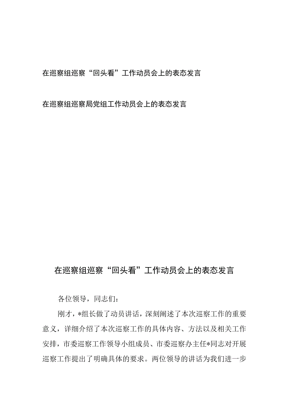 在巡察组巡察“回头看”工作动员会上的表态发言、在巡察组巡察局党组工作动员会上的表态发言.docx_第1页