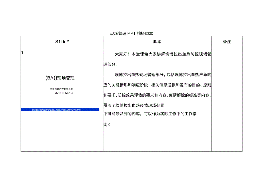 埃博拉出血热防控技术培训：8-现场管理（脚本）.docx_第1页