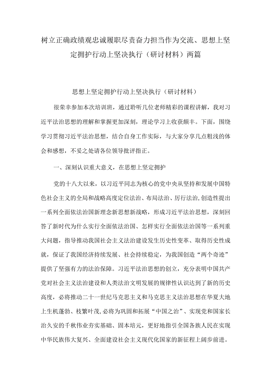 树立正确政绩观忠诚履职尽责奋力担当作为交流、思想上坚定拥护 行动上坚决执行（研讨材料）两篇.docx_第1页