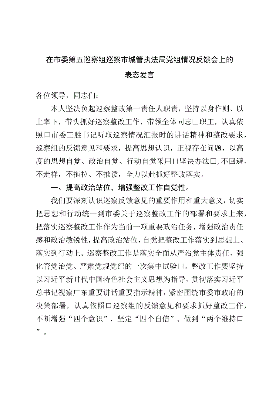 在市委第五巡察组巡察市城管执法局党组情况反馈会上的表态发言.docx_第1页