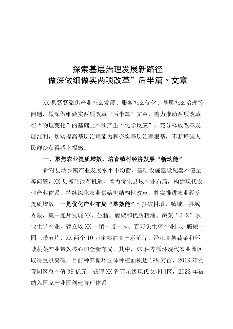 探索基层治理发展新路径做深做细做实两项改革“后半篇”文章.docx_第1页